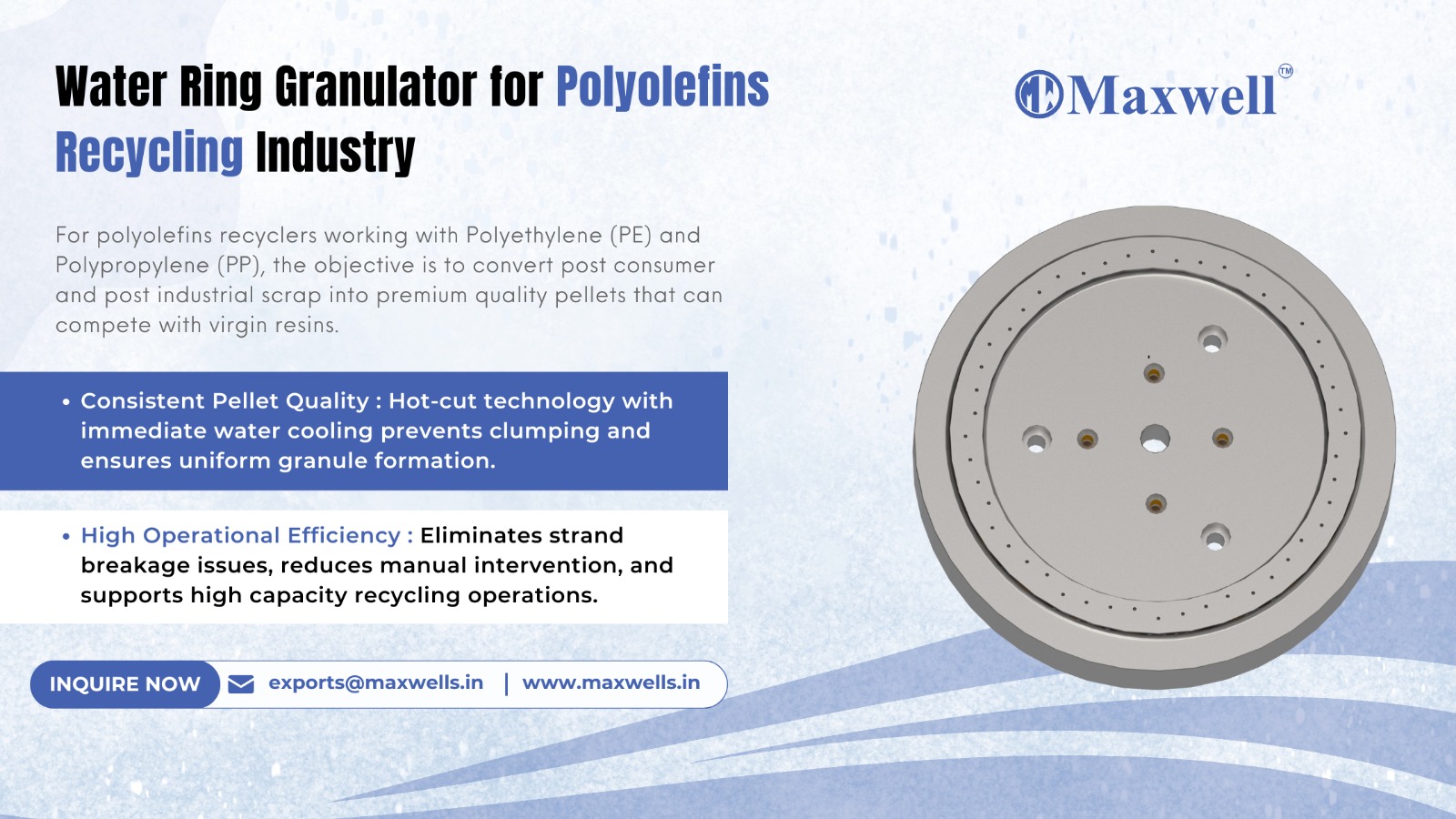 Maxwell Water Ring Granulator for Polyolefins Recycling